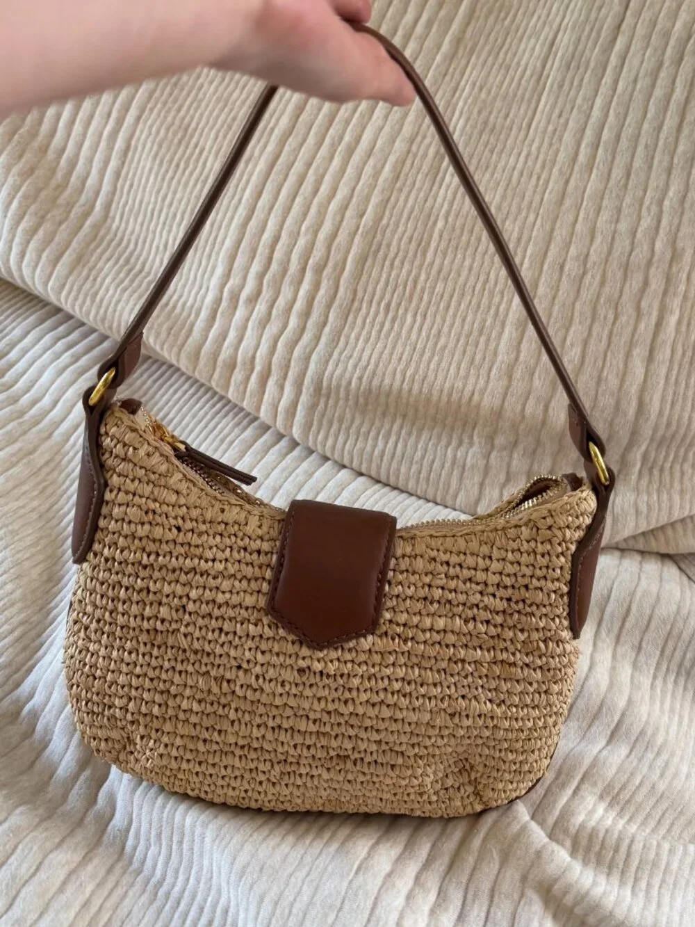 J.Crew Handknotted Straw Shoulder Bag Leather Gold Hardware NWT